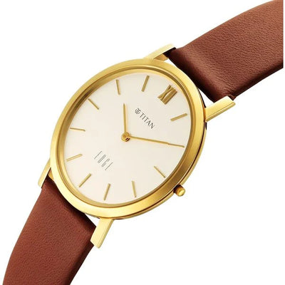 Titan Edge Beige Dial Brown Leather Strap Analog Watch for Men