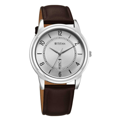 Titan Silver Dial Brown Leather Strap Analog Watch for Men