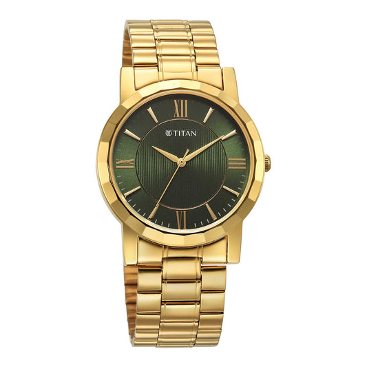 Titan Karishma Zing Quartz Analog Green Dial Golden Stainless Steel Strap Watch For Men