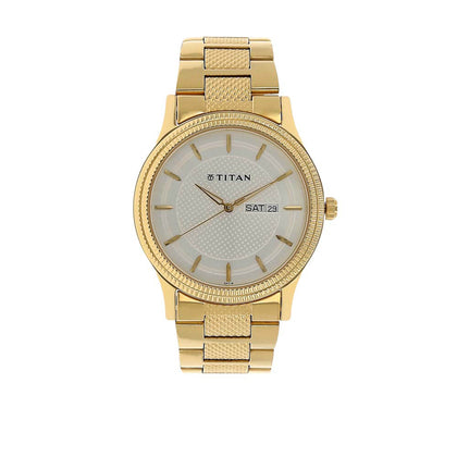 Titan Quartz Analog with Day and Date Silver Dial Golden Stainless Steel Strap Watch For Men