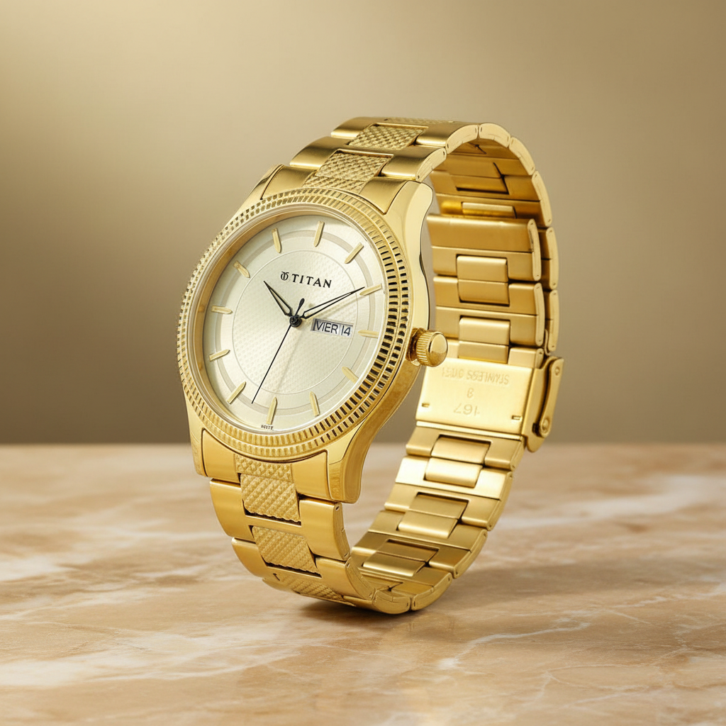 Titan Analog with Day and Date Quartz Champagne Dial Metal Round Stainless Steel Strap watch for Men