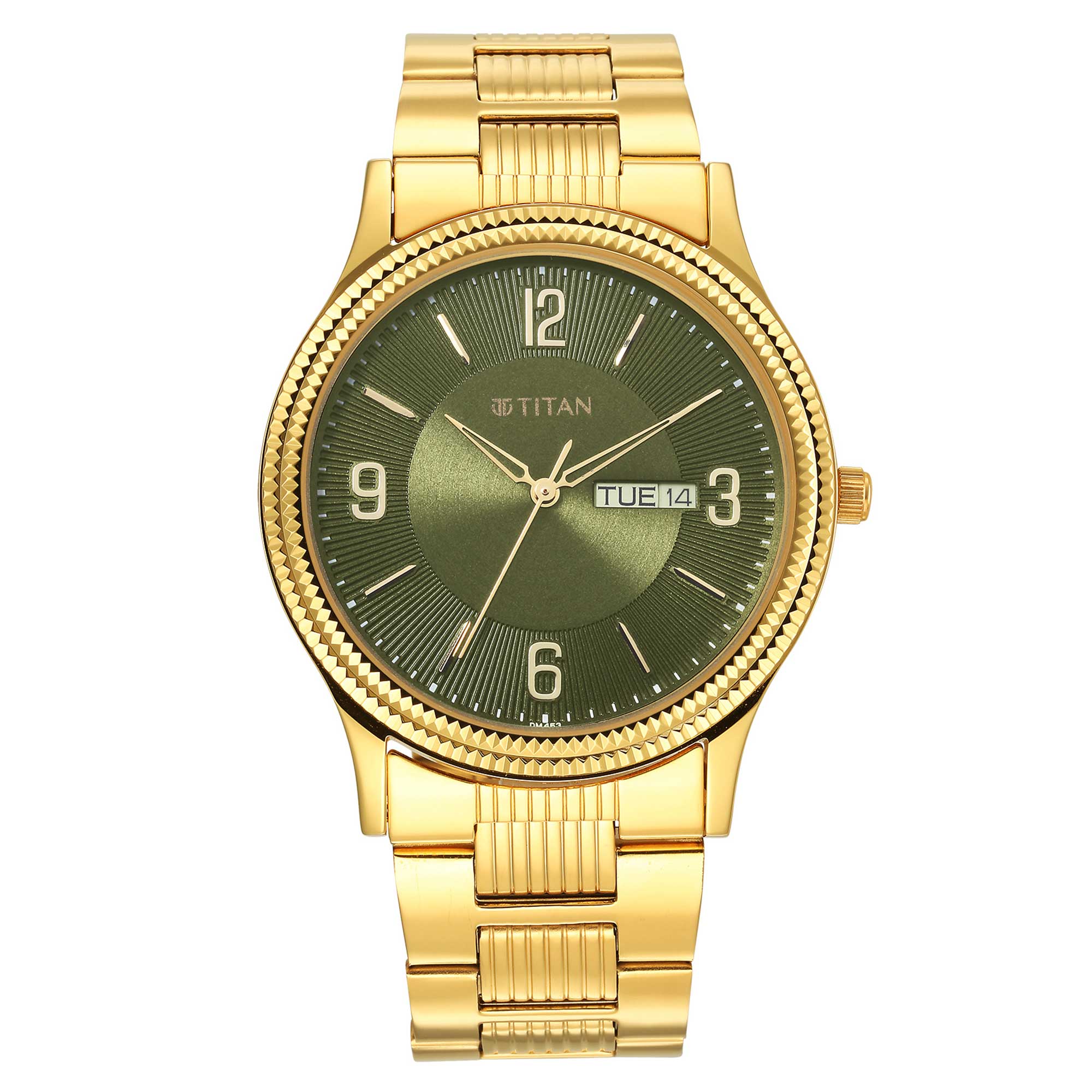 Titan Karishma Green Dial Gold Stainless Steel Strap Analog with Day-Date Watch for Men