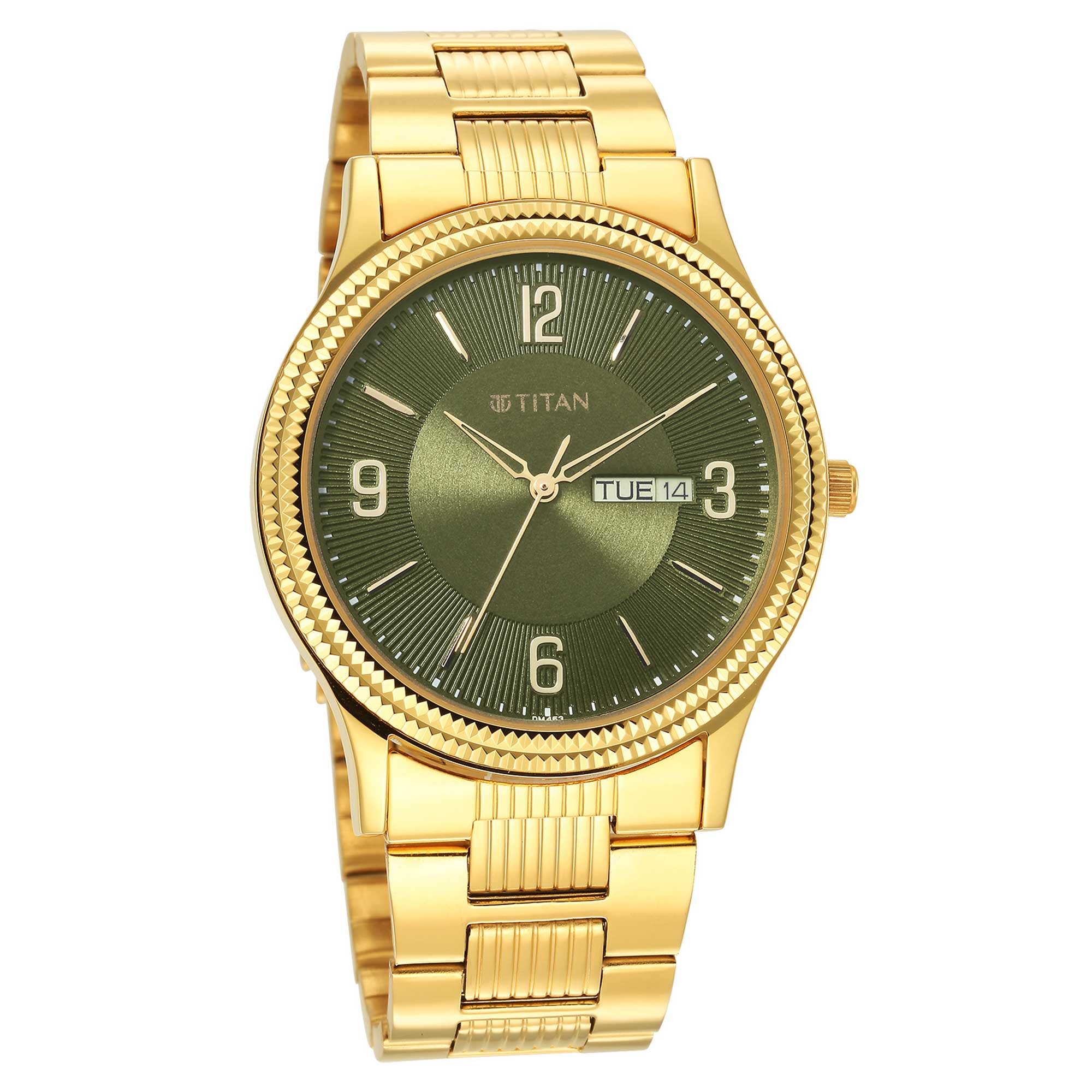 Titan Karishma Green Dial Gold Stainless Steel Strap Analog with Day-Date Watch for Men