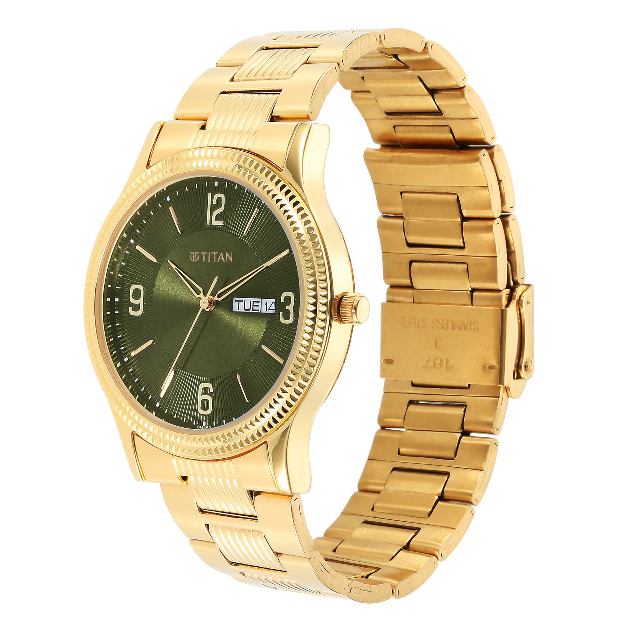 Titan Karishma Green Dial Gold Stainless Steel Strap Analog with Day-Date Watch for Men