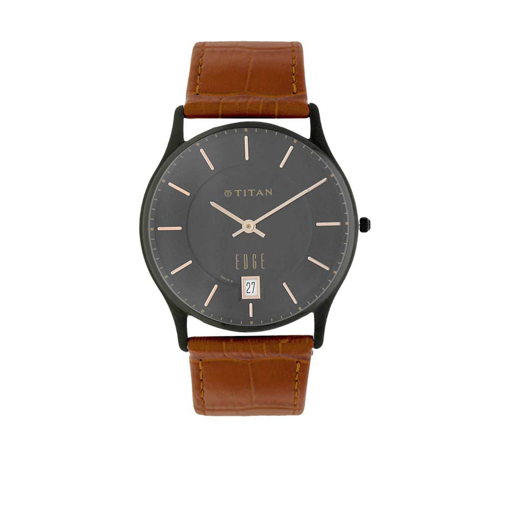Titan Edge Black Dial Brown Leather Strap Analog with Date Watch for Men