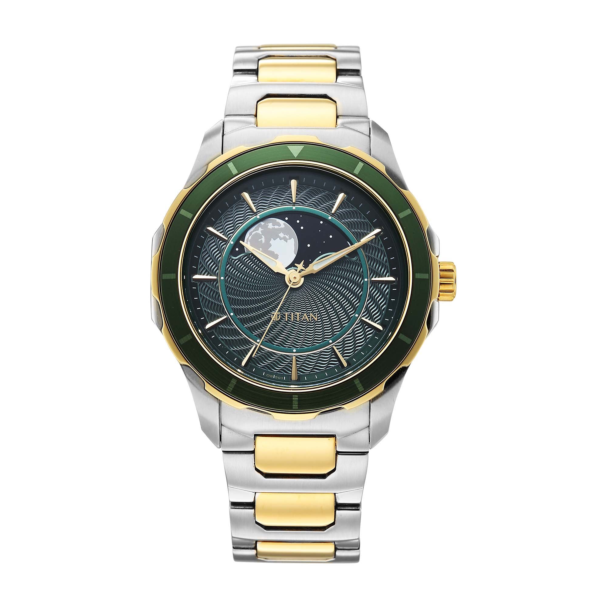 Titan Green Dial Two Toned Stainless Steel Strap Analog with Moon Phase Watch For Men