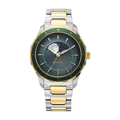 Titan Green Dial Two Toned Stainless Steel Strap Analog with Moon Phase Watch For Men