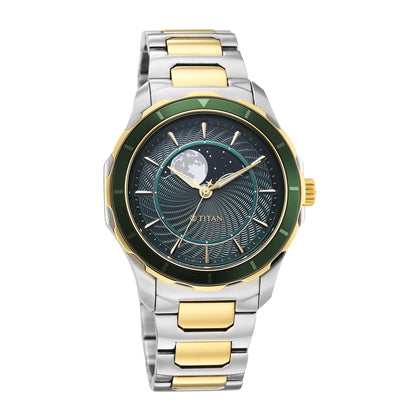 Titan Green Dial Two Toned Stainless Steel Strap Analog with Moon Phase Watch For Men