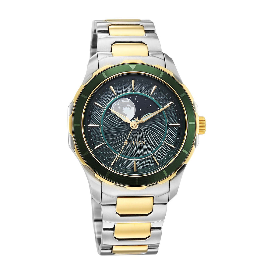 Titan Green Dial Two Toned Stainless Steel Strap Analog with Moon Phase Watch For Men