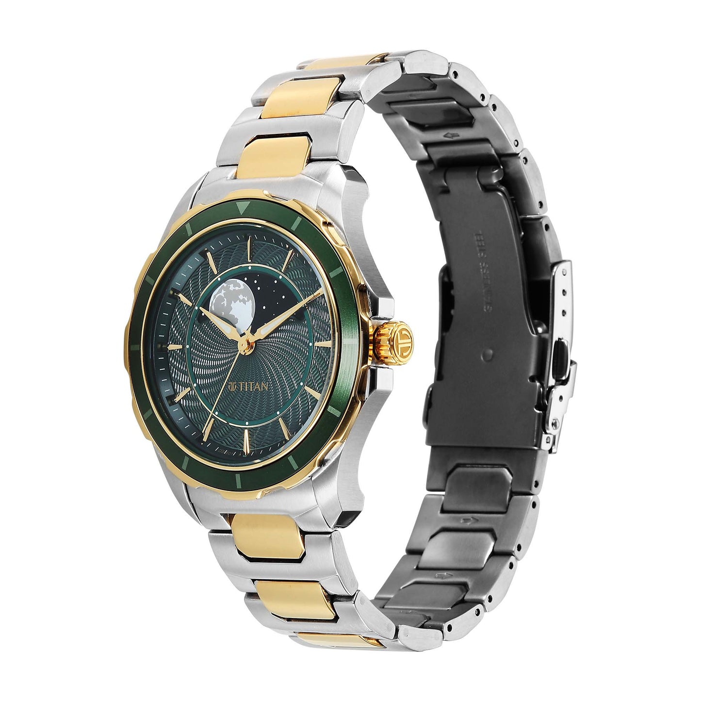 Titan Green Dial Two Toned Stainless Steel Strap Analog with Moon Phase Watch For Men