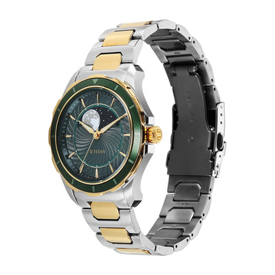 Titan Green Dial Two Toned Stainless Steel Strap Analog with Moon Phase Watch For Men