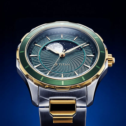 Titan Green Dial Two Toned Stainless Steel Strap Analog with Moon Phase Watch For Men