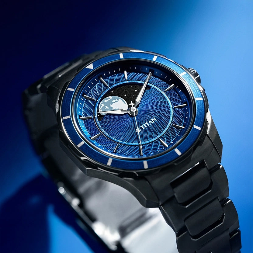 Titan Blue Dial Two Toned Stainless Steel Strap Analog with Moon Phase Watch For Men