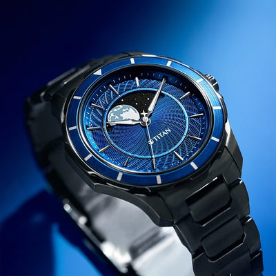 Titan Blue Dial Two Toned Stainless Steel Strap Analog with Moon Phase Watch For Men