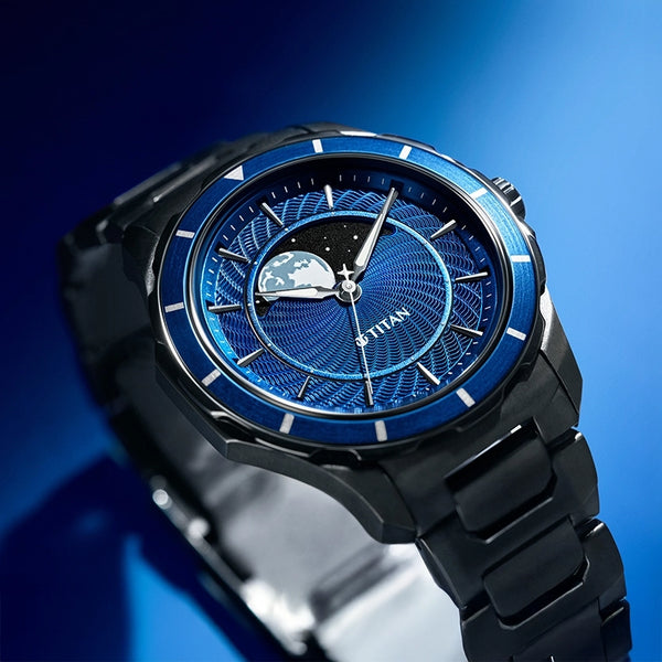 Titan Blue Dial Two Toned Stainless Steel Strap Analog with Moon Phase Watch For Men