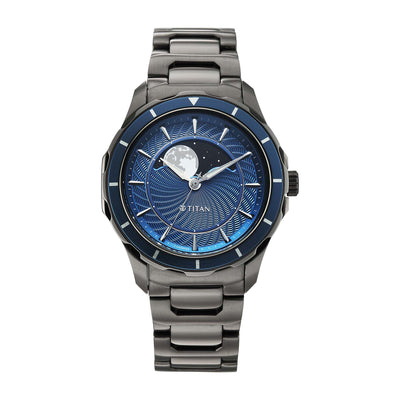 Titan Blue Dial Two Toned Stainless Steel Strap Analog with Moon Phase Watch For Men