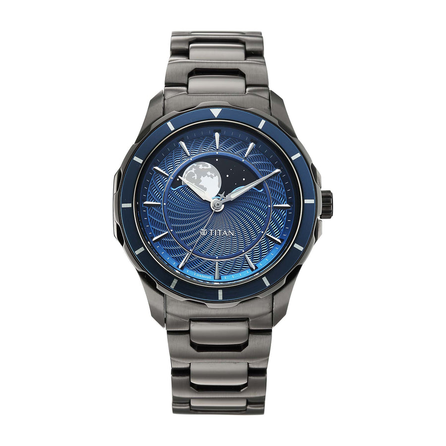 Titan Blue Dial Two Toned Stainless Steel Strap Analog with Moon Phase Watch For Men