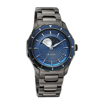 Titan Blue Dial Two Toned Stainless Steel Strap Analog with Moon Phase Watch For Men