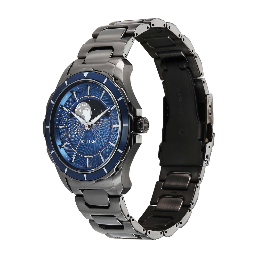 Titan Blue Dial Two Toned Stainless Steel Strap Analog with Moon Phase Watch For Men