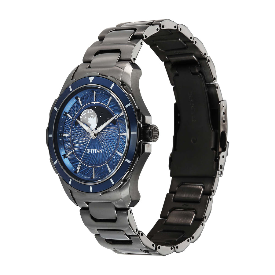 Titan Blue Dial Two Toned Stainless Steel Strap Analog with Moon Phase Watch For Men