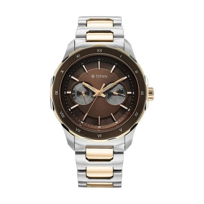 Titan Brown Panda Dial Two Toned Bimetal Strap Multifunction Watch for Men