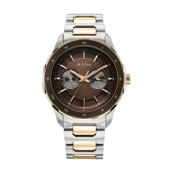 Titan Brown Panda Dial Two Toned Bimetal Strap Multifunction Watch for Men