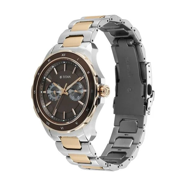 Titan Brown Panda Dial Two Toned Bimetal Strap Multifunction Watch for Men