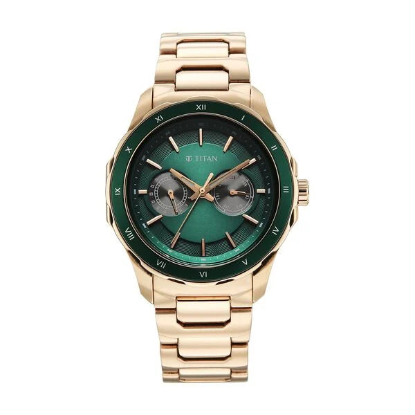 Titan Green Dial Gold Stainless Steel Multifunction Watch for Men