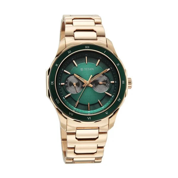 Titan Green Dial Gold Stainless Steel Multifunction Watch for Men