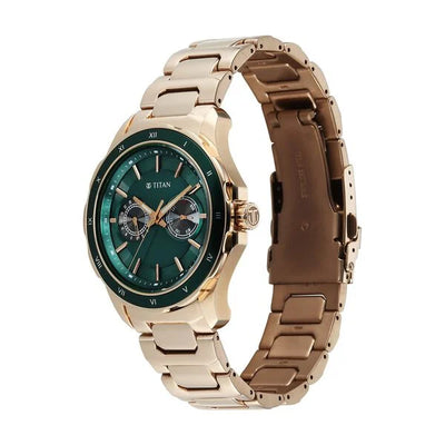 Titan Green Dial Gold Stainless Steel Multifunction Watch for Men