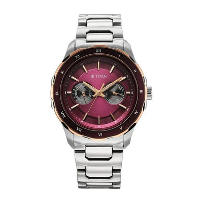 Titan Burgundy Panda Dial Silver Stainless Steel Strap Multifunction Watch for Men