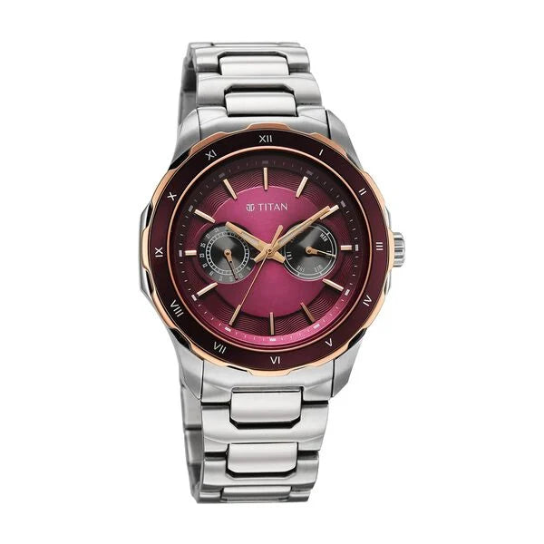 Titan Burgundy Panda Dial Silver Stainless Steel Strap Multifunction Watch for Men