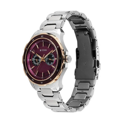 Titan Burgundy Panda Dial Silver Stainless Steel Strap Multifunction Watch for Men