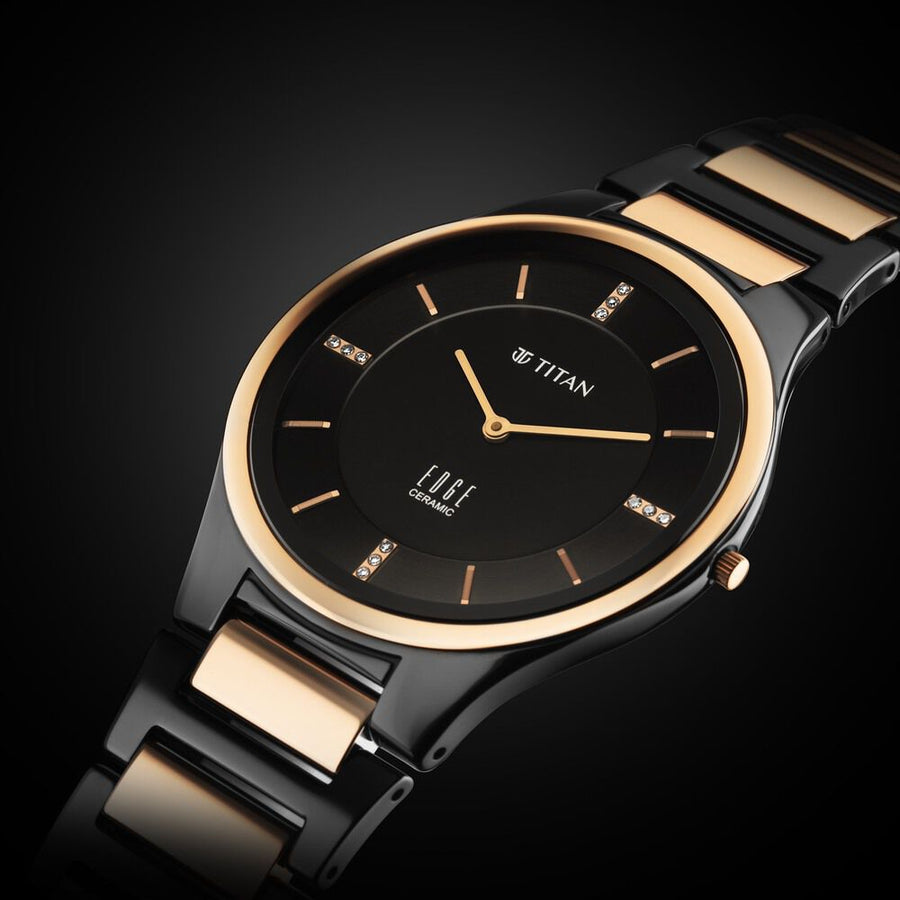 Titan Edge Ceramic Quartz in Midnight Gold with Diamonds and Black Dial Watch for Men