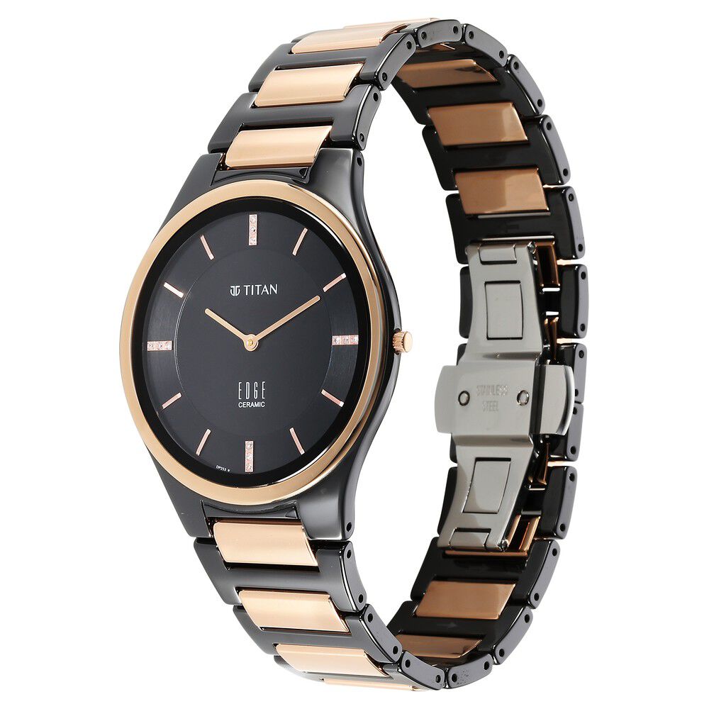 Titan Edge Ceramic Quartz in Midnight Gold with Diamonds and Black Dial Watch for Men