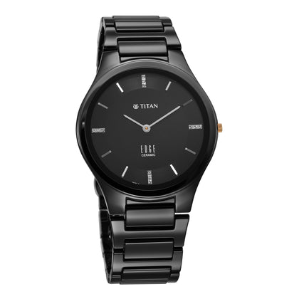 Titan Edge Ceramic Quartz in Glossy Black with Diamonds and Black Dial Watch for Men
