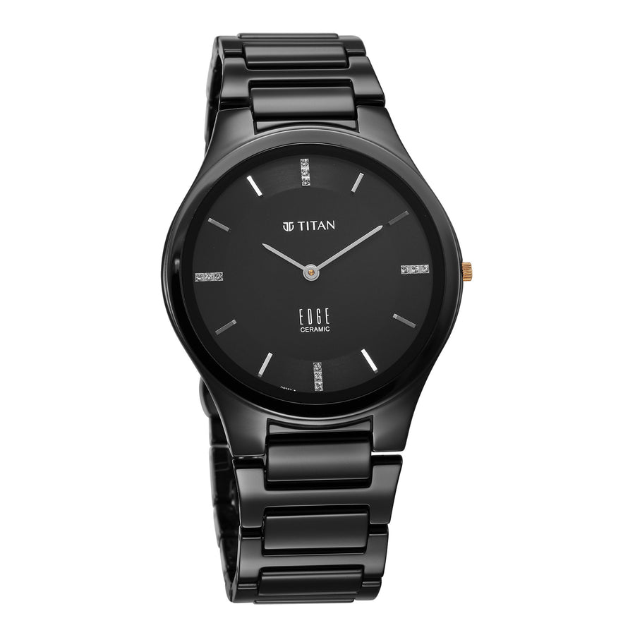 Titan Edge Ceramic Quartz in Glossy Black with Diamonds and Black Dial Watch for Men