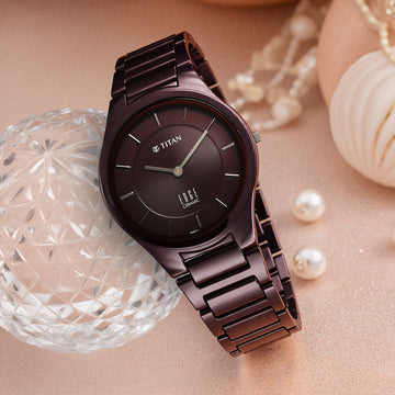 Titan Wine Ceramic Quartz Analog Maroon Dial Ceramic Strap Watch For Men