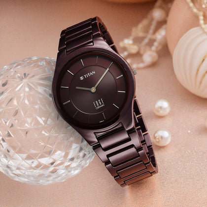 Titan Wine Ceramic Quartz Analog Maroon Dial Ceramic Strap Watch For Men