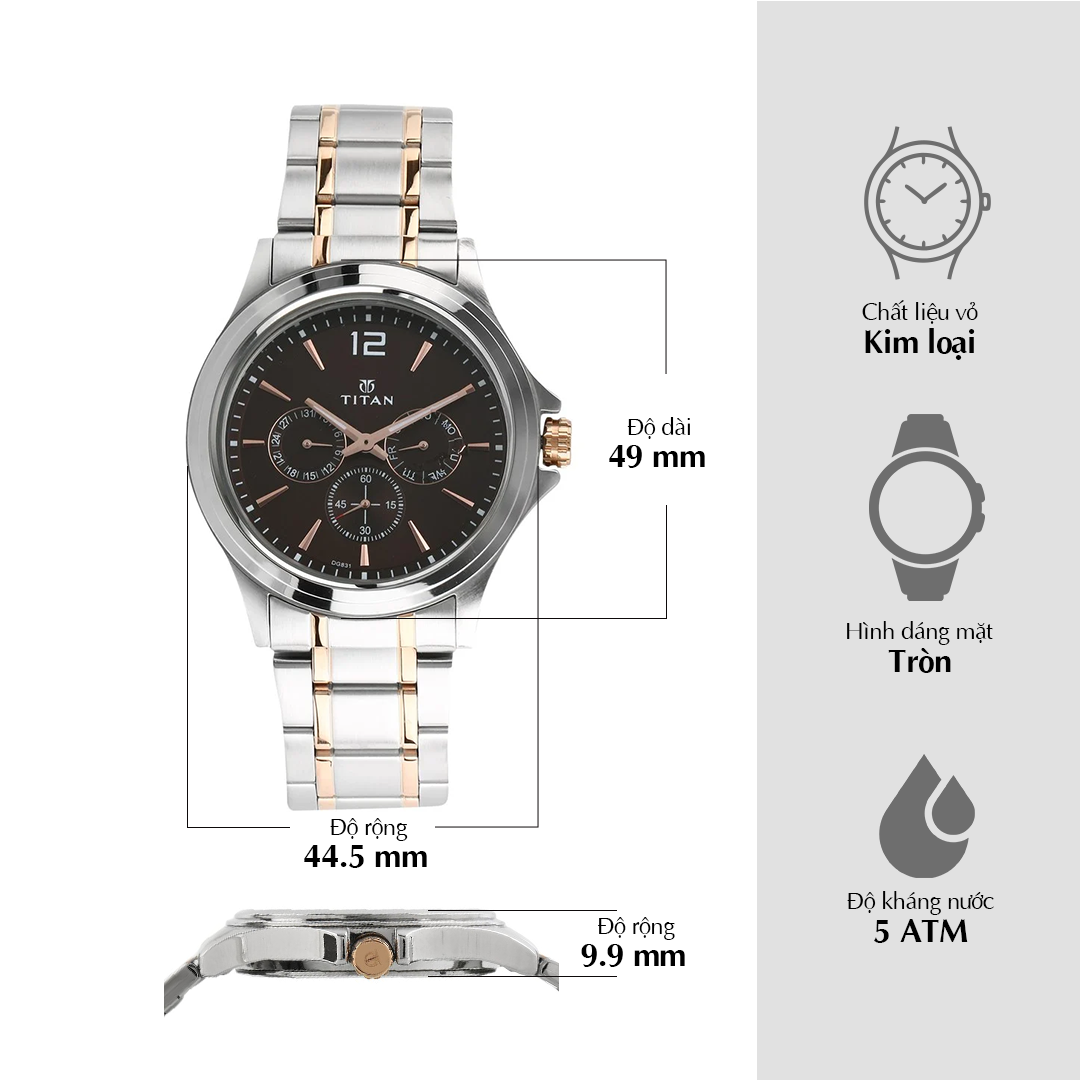 Close-up of Titan brown dial workwear watch for men with a two-toned steel strap and size markings.