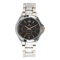 Two-toned Titan workwear watch for men with a black dial, rose-gold accents, & a multi-steel strap.