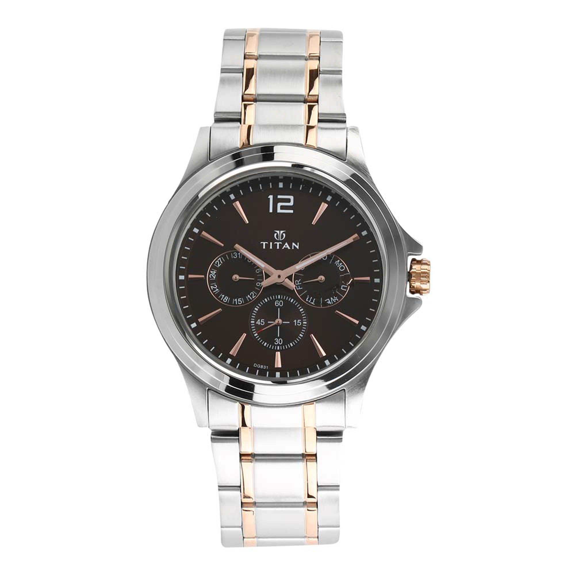 Two-toned Titan workwear watch for men with a black dial, rose-gold accents, & a multi-steel strap.