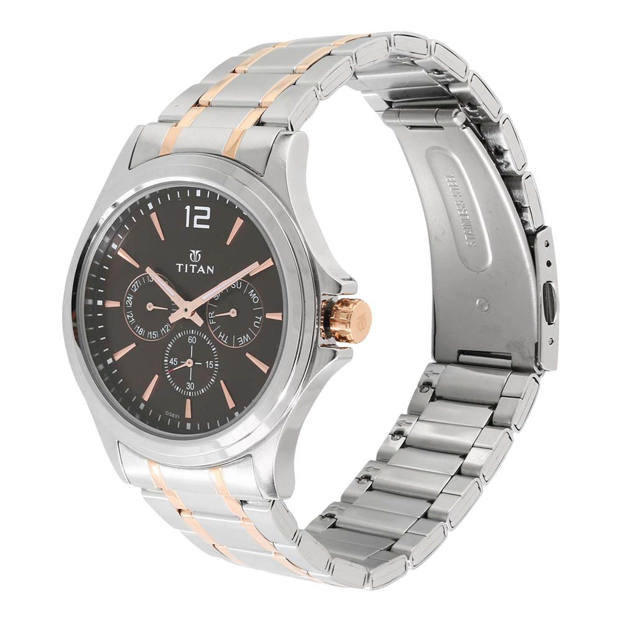 Angled view of Titan workwear watch for men with a black face, rose-gold markers, and a steel strap.