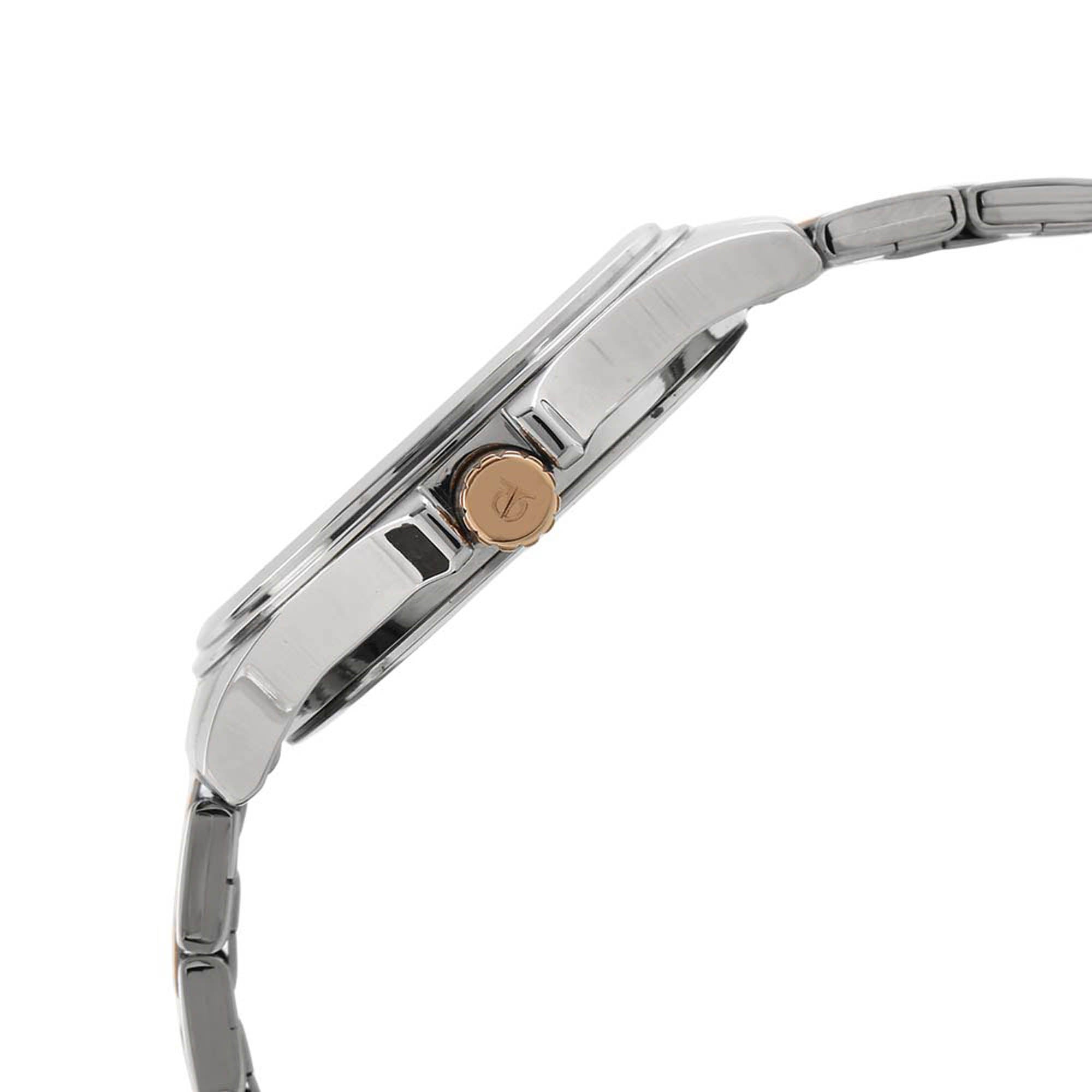 Side profile highlights a slim steel case with a rose-gold crown on a Titan workwear watch for men.