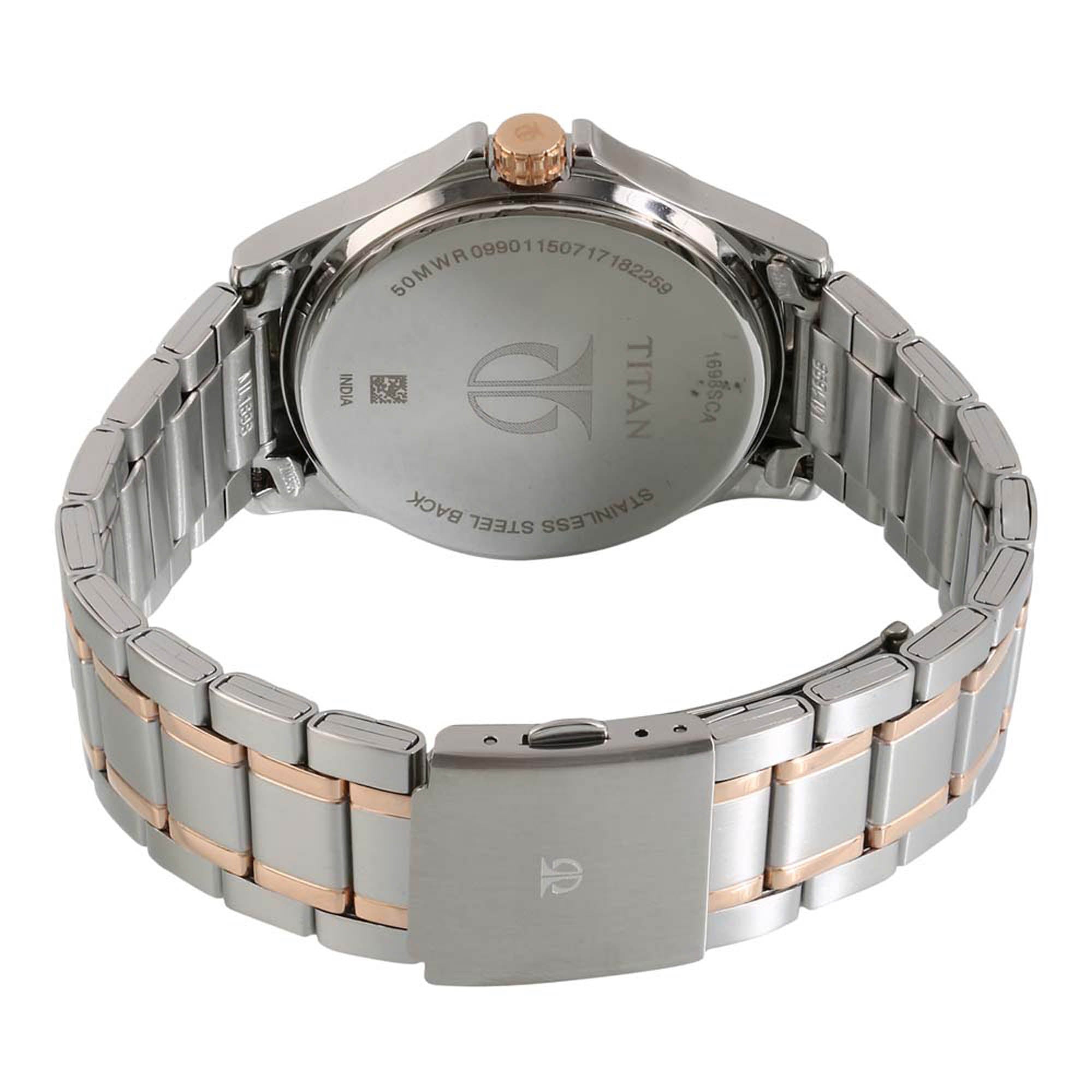 Rear view of Titan two-toned stainless steel watch for men with engraved caseback and metal clasp.