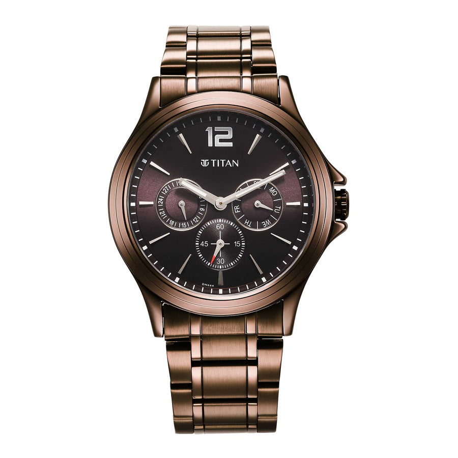 Titan Neo Splash Quartz Multifunction Brown Dial Stainless Steel Strap Watch for Men