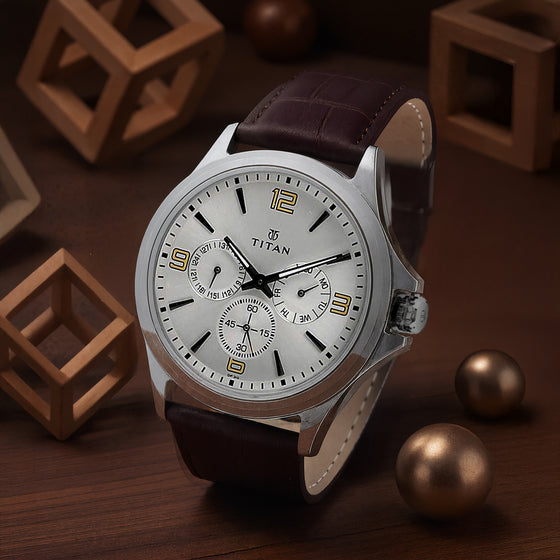 Titan Quartz Multifunction Silver Dial Leather Strap Watch for Men