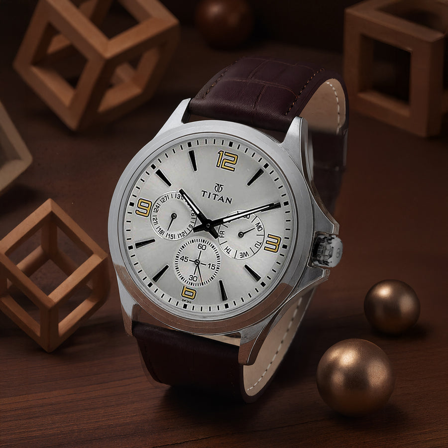 Titan Quartz Multifunction Silver Dial Leather Strap Watch for Men