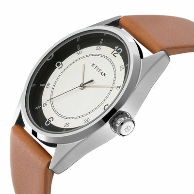 Titan White Dial Brown Leather Strap Analog Watch for Men