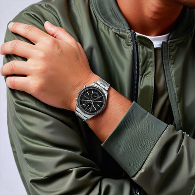 Titan Men's Metropolitan Luxe: Multifunction dark grey Dial with Two-Tone Stainless Steel Bracelet Watch